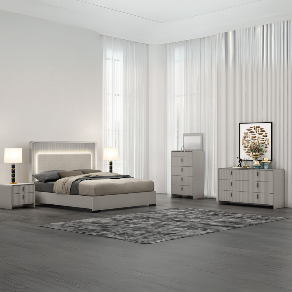 The Cavelli 6 Drawer Chest in Flannel Grey showcases a stylish ribbed design, offers six generous drawers and boasts a refined contemporary finish.