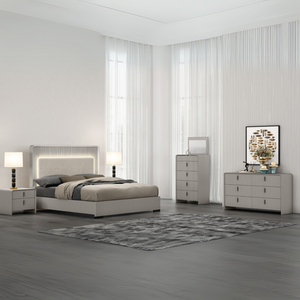 The Cavelli 6 Drawer Chest in Flannel Grey showcases a stylish ribbed design, offers six generous drawers and boasts a refined contemporary finish.