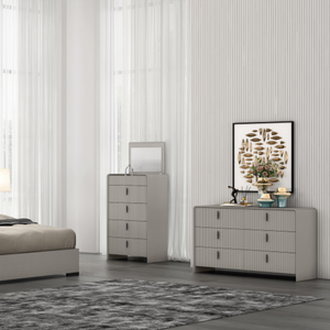The Cavelli 6 Drawer Chest in Flannel Grey showcases a stylish ribbed design, offers six generous drawers and boasts a refined contemporary finish.