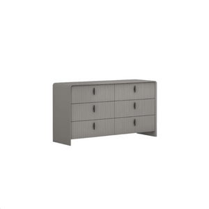 The Cavelli 6 Drawer Chest in Flannel Grey showcases a stylish ribbed design, offers six generous drawers and boasts a refined contemporary finish.
