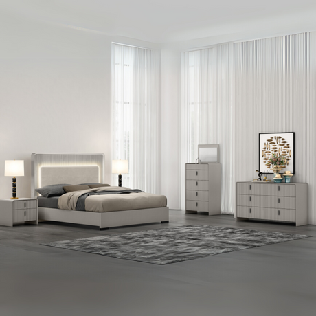The Cavelli 6ft Bed - Flannel Grey offers a platinum coloured cushioned headboard with LED light and touch button on the side to turn the light on/off.