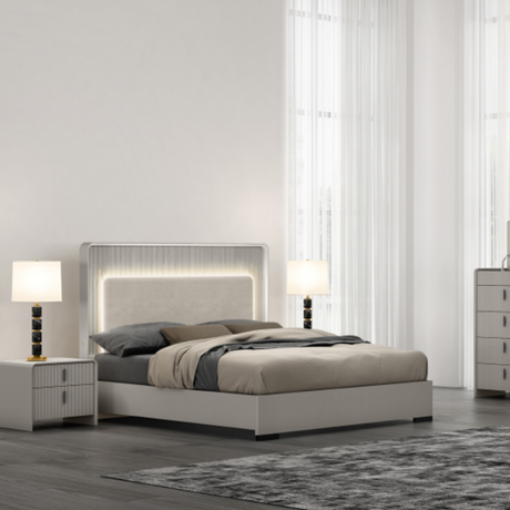 The Cavelli 6ft Bed - Flannel Grey offers a platinum coloured cushioned headboard with LED light and touch button on the side to turn the light on/off.