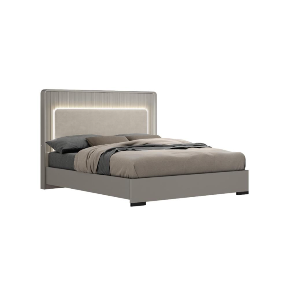 The Cavelli 6ft Bed - Flannel Grey offers a platinum coloured cushioned headboard with LED light and touch button on the side to turn the light on/off.