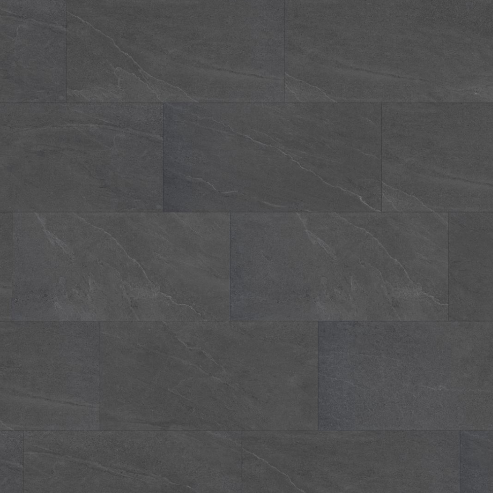 Dark charcoal gray stone-look rectangular tiles arranged in a staggered brick pattern, showing subtle natural veining.