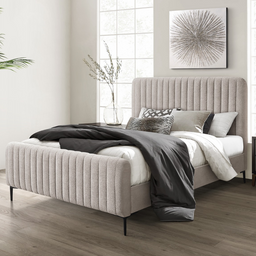 The Clarissa Bed in Grey or Beige features chic channelled upholstery, sturdy metal legs, and padded headboard.