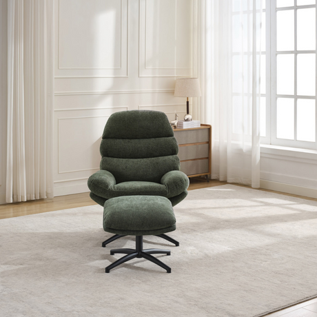 The Clark Leisure Chair & Footstool in Winter Moss offers 360° swivel, a sturdy metal base and a plush footstool