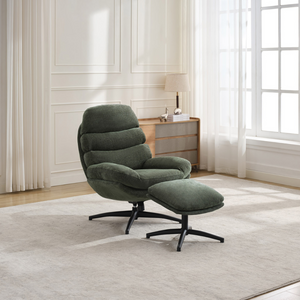 The Clark Leisure Chair & Footstool in Winter Moss offers 360° swivel, a sturdy metal base and a plush footstool