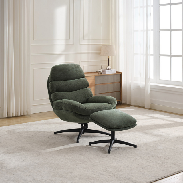 The Clark Leisure Chair & Footstool in Winter Moss offers 360° swivel, a sturdy metal base and a plush footstool