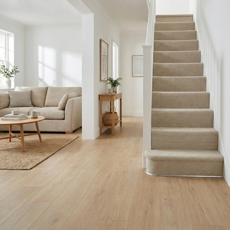 Modern living room with a staircase and laminate flooring