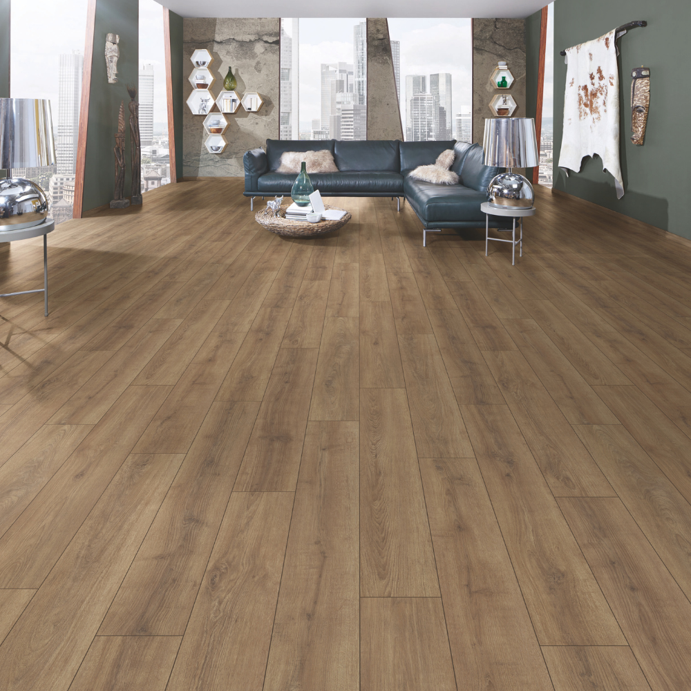 The Clay Sola Oak Laminate Flooring - 8mm features smoked rustic look, AC4 rating, antibacterial, scratch resistant and 1Click 2Go easy installation