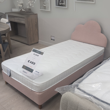 The Cloud 3ft Bed Set with light pink cloud headboard, wooden legs and reflex foam mattress both hypoallergenic and antibacterial, ideal for kids or guests