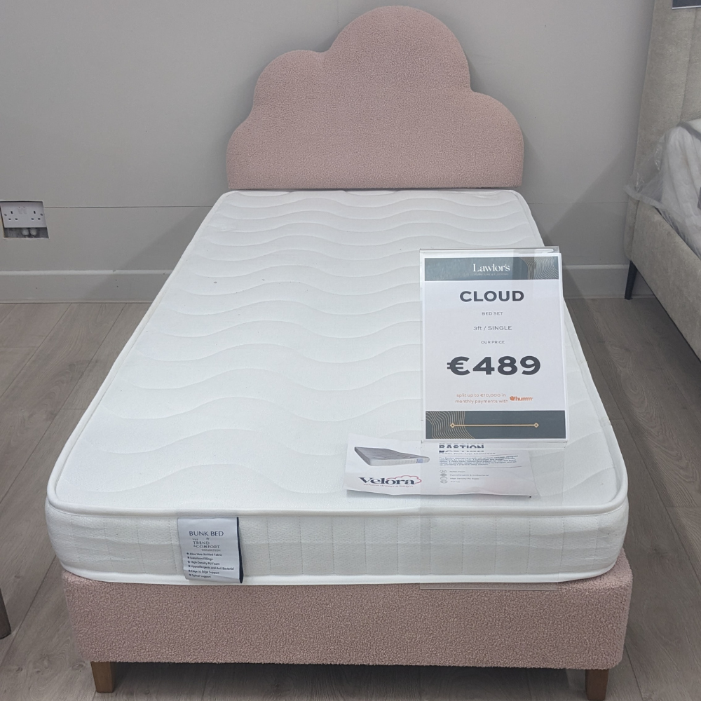 The Cloud 3ft Bed Set with light pink cloud headboard, wooden legs and reflex foam mattress both hypoallergenic and antibacterial, ideal for kids or guests