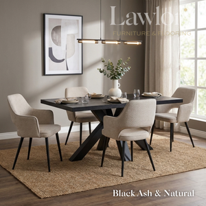 Dining room with a black table and beige chairs set
