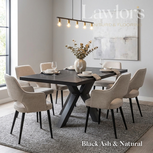 Dining room with a black dining table and 6 beige chairs set