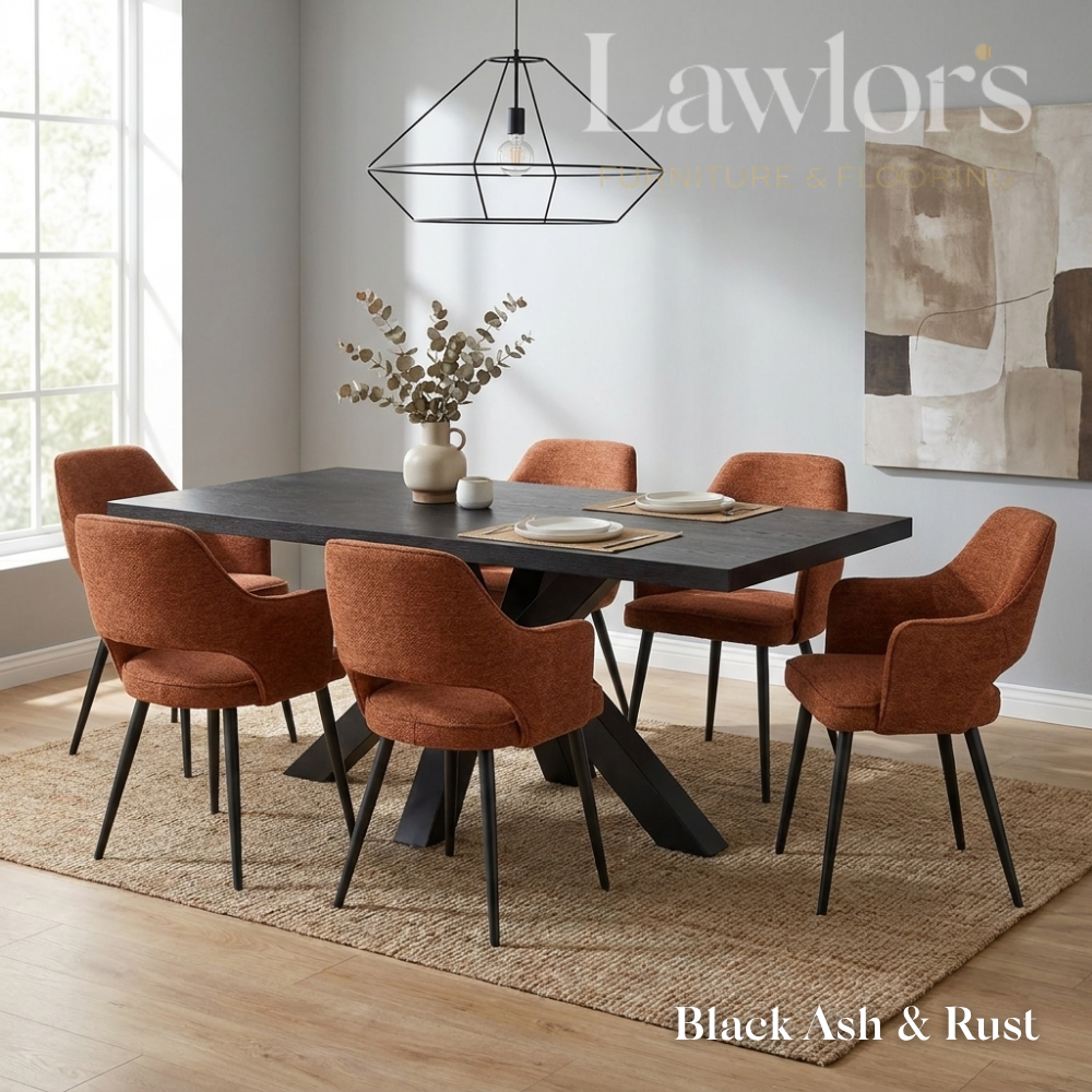 Dining room with a black dining table and 6 rust chairs set