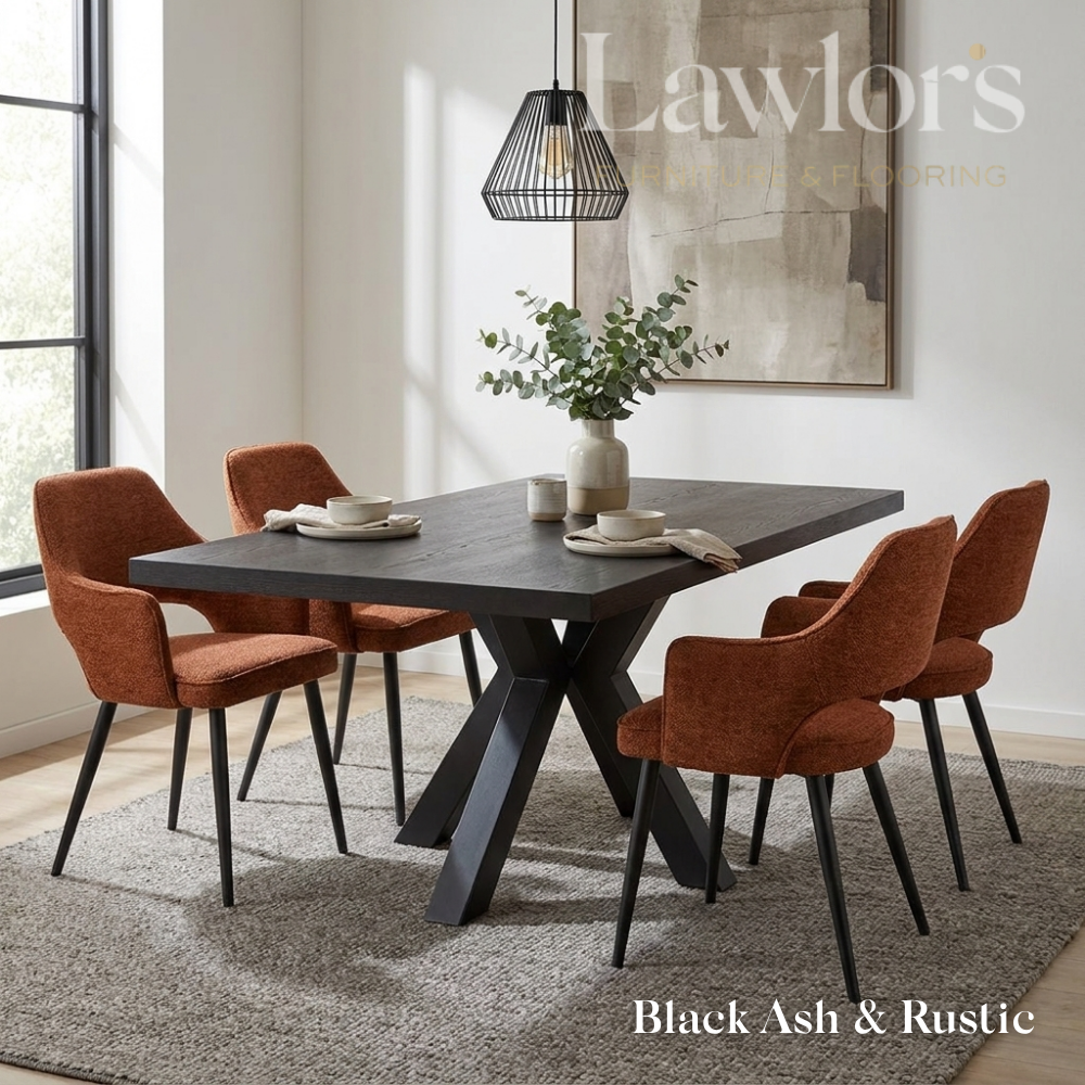 Dining room with a black ash and rustic dining table and chairs set