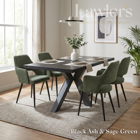 Dining room with black table and green chairs set