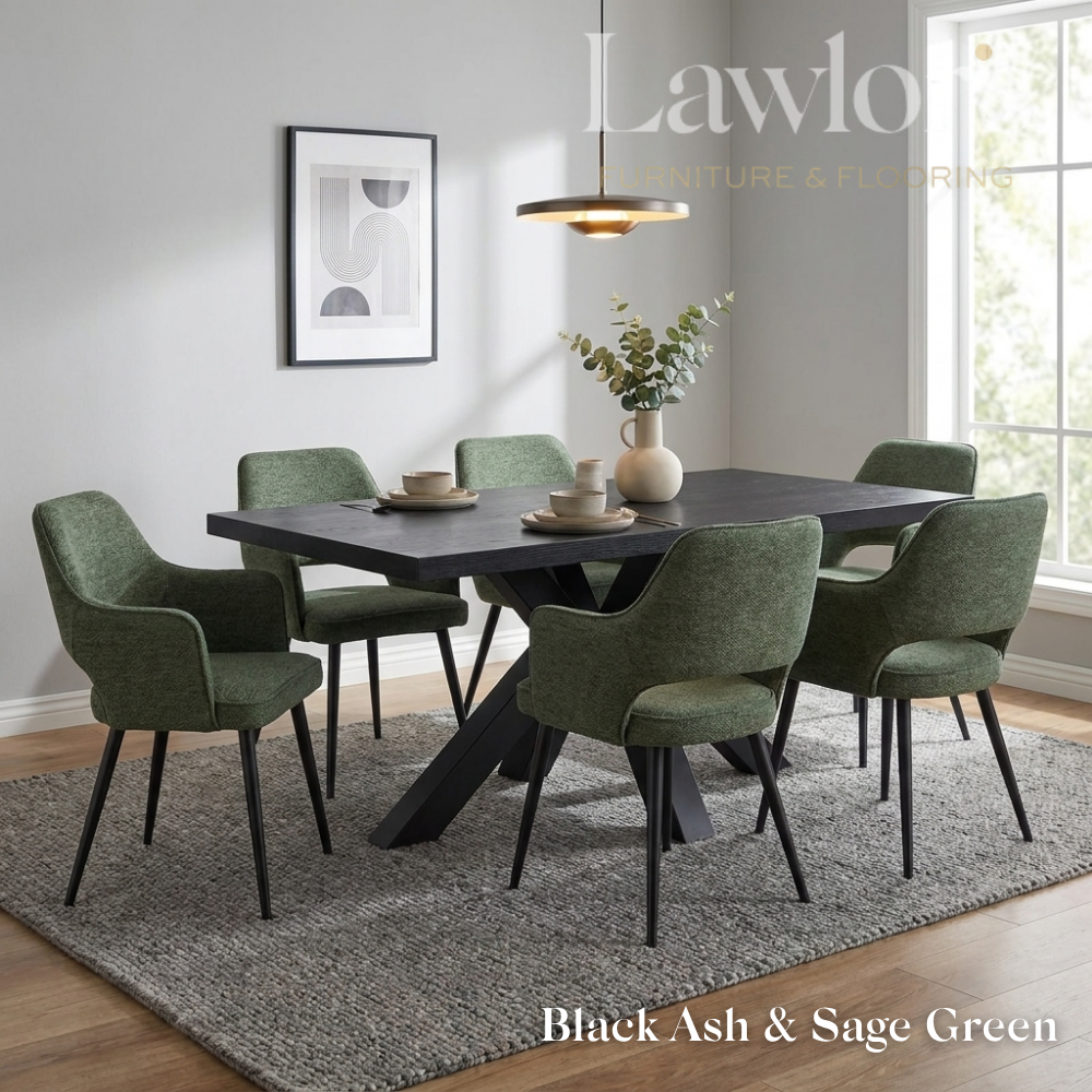 Dining room with a black dining table and 6 green chairs set