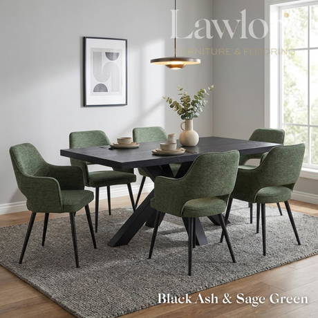 Dining room with a black dining table and 6 green chairs set