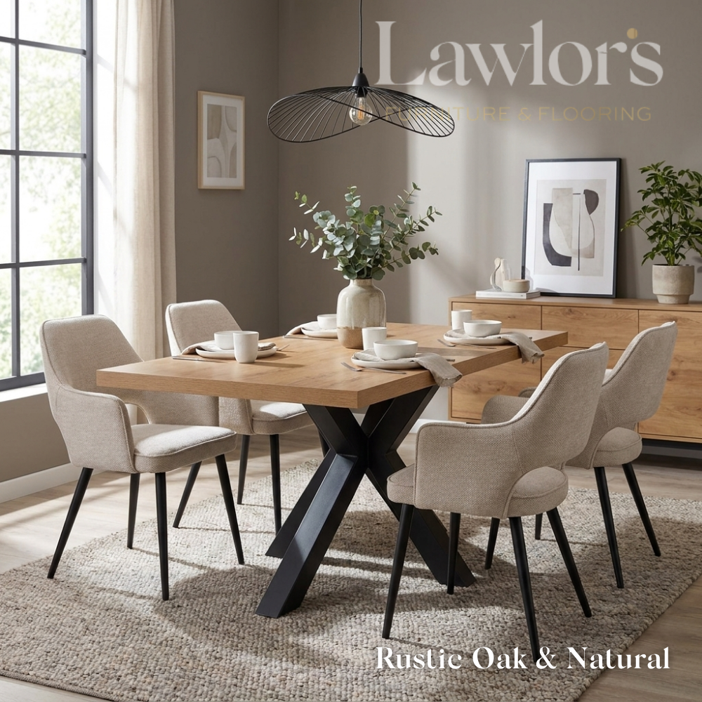 Dining room with a wooden oak table and beige chairs set