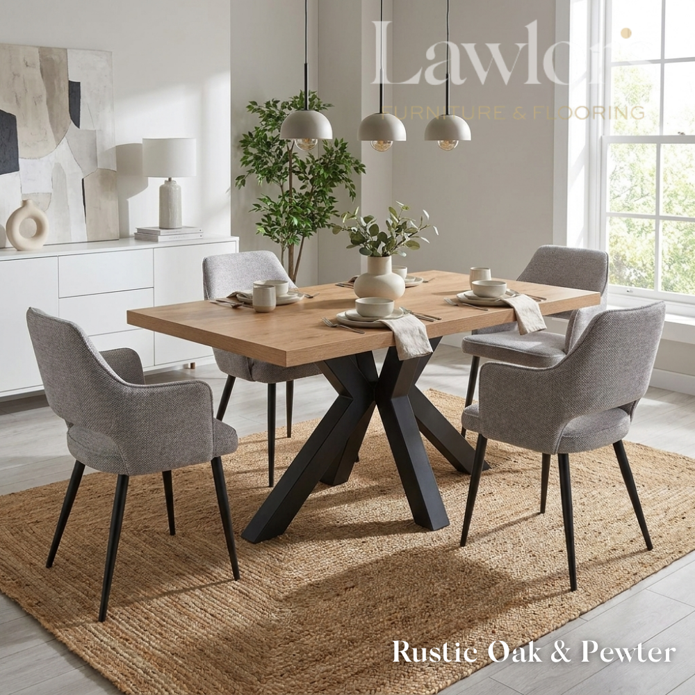 Dining room with a wooden oak table and gray chairs set