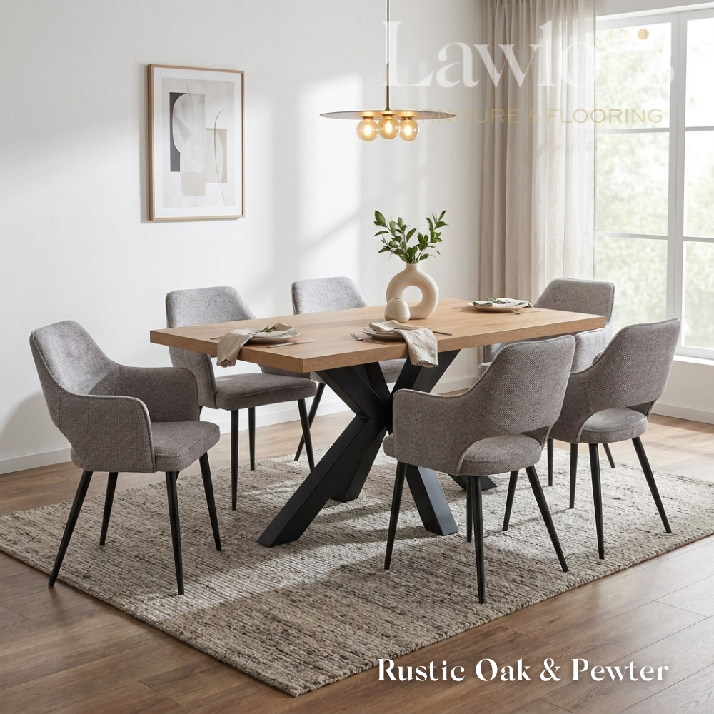 Dining room with a oak table and 6 grey chairs set