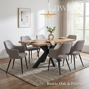 Dining room with a oak table and 6 grey chairs set