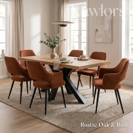 Dining room with a oak table and 6 rust chairs set