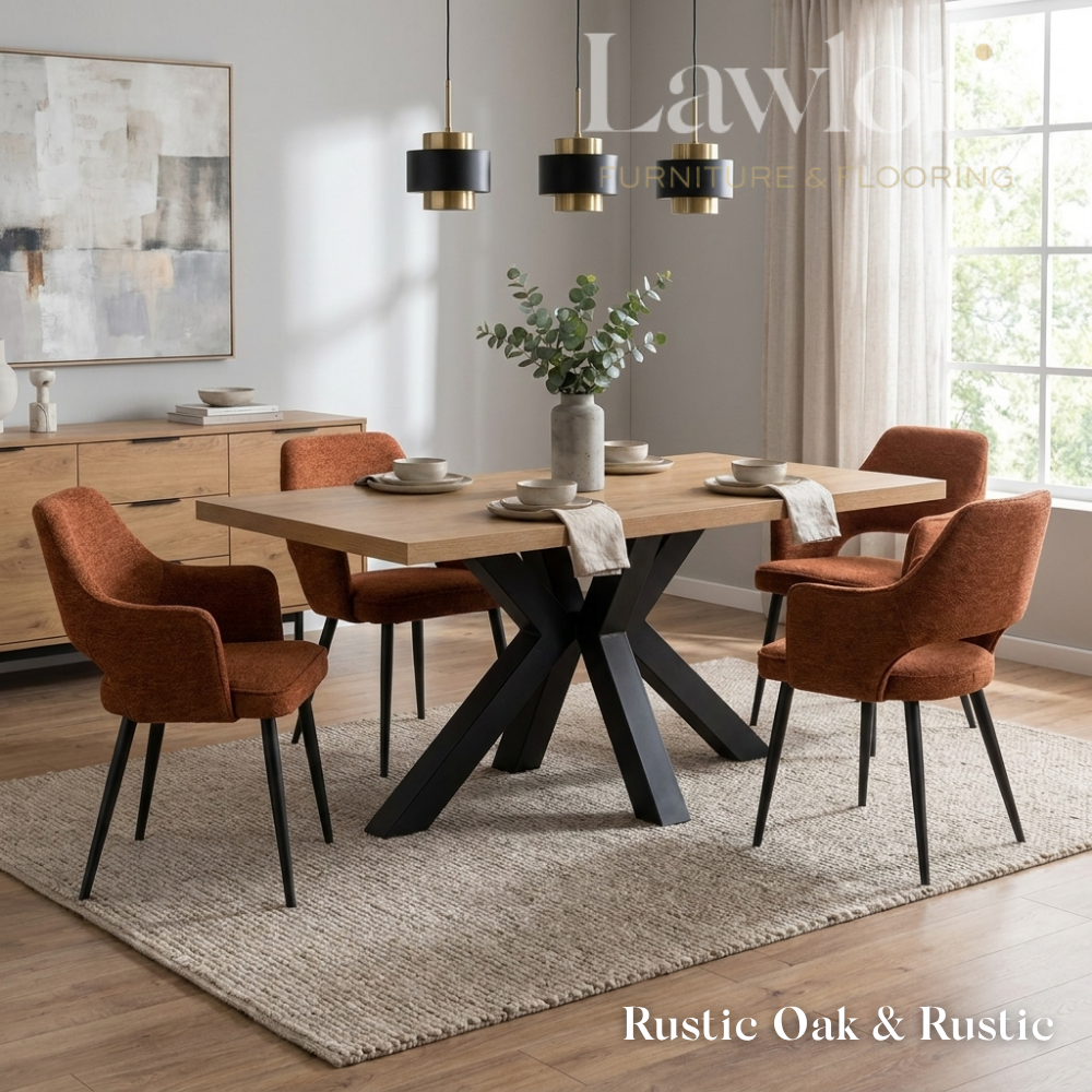 Dining room with a wooden oak table and rustic chairs set