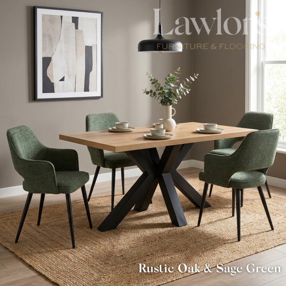 Dining room with rustic oak table and sage green chairs set