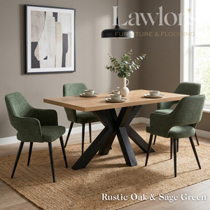 Dining room with rustic oak table and sage green chairs set