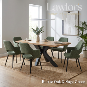 Dining room with a oak table and 6 green chairs set