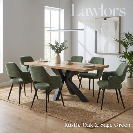 Dining room with a oak table and 6 green chairs set