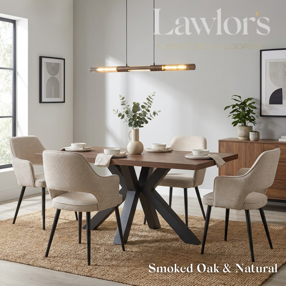Dining room with a smoked oak table and beige chairs set