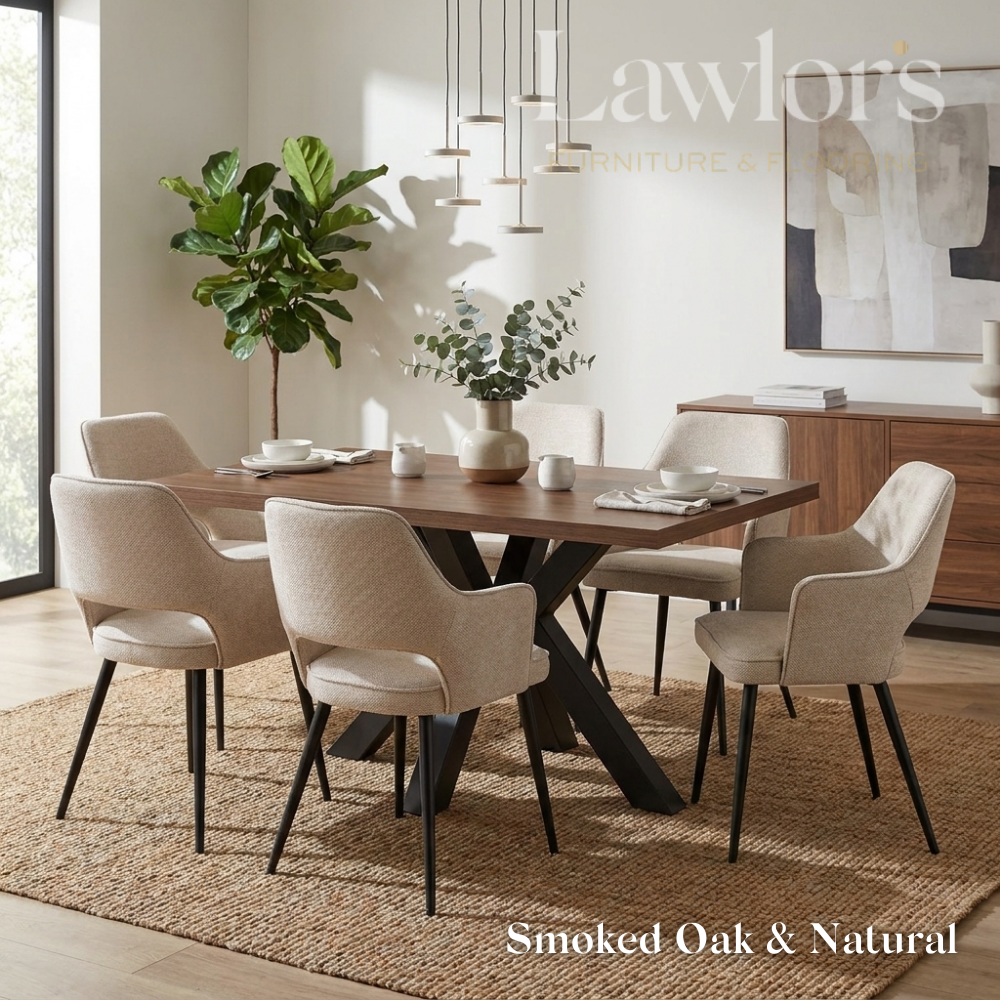 Dining room with a smoked oak table and 6 beige chairs set