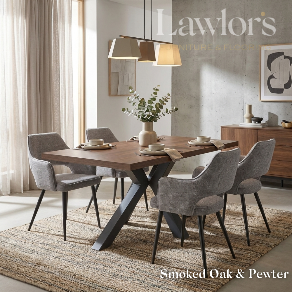 Dining room with a smoked oak table and grey chairs set