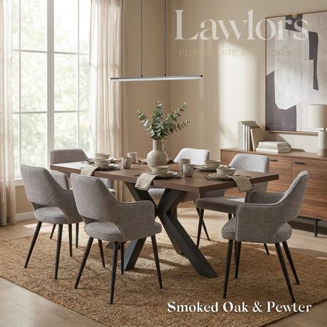 Dining room with a smoked oak table and 6 grey chairs set