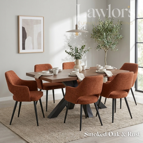Dining room with a smoked oak table and 6 rust chairs set
