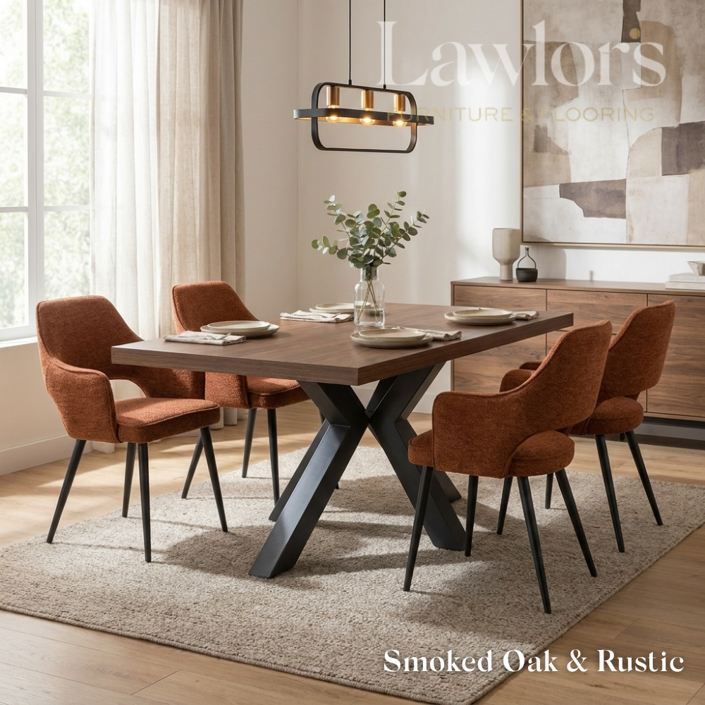 Dining room with a smoked oak table and rustic chairs set