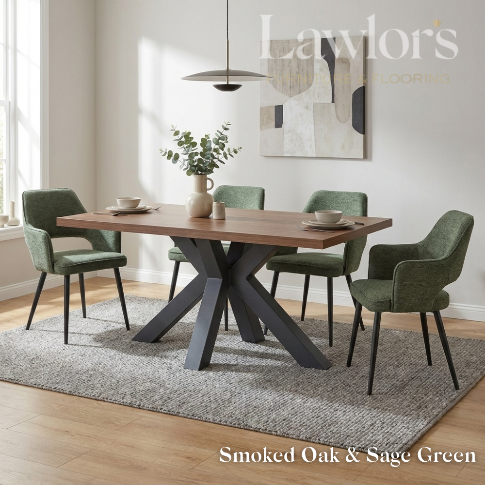 Dining room with a smoked oak table and green chairs set
