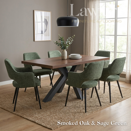 Dining room with a smoked oak table and 6 green chairs set