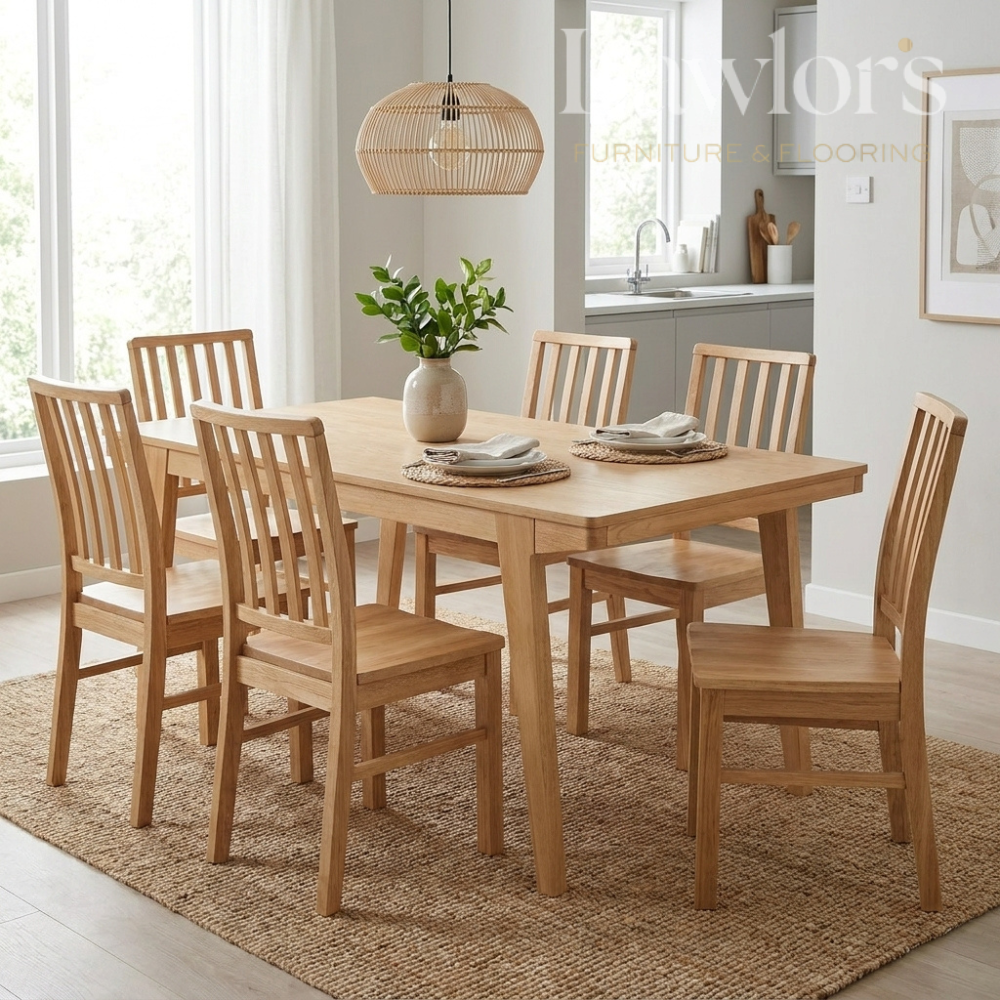 Wooden dining table with solid chairs in a bright room