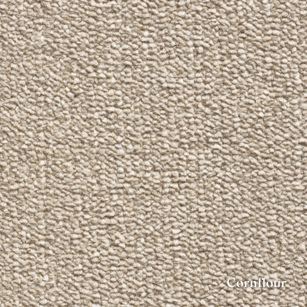 Close-up of textured beige carpet with 'Cornflower' label