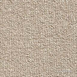 Close-up of textured beige carpet with 'Cornflower' label