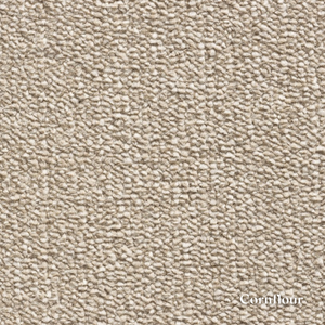 Close-up of textured beige carpet with 'Cornflower' label
