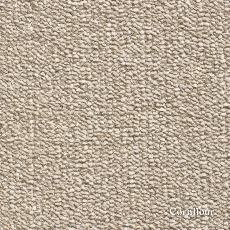Close-up of textured beige carpet with 'Cornflower' label
