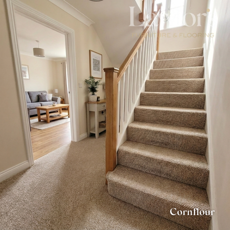 Staircase cornflour with carpeted steps leading to a living room