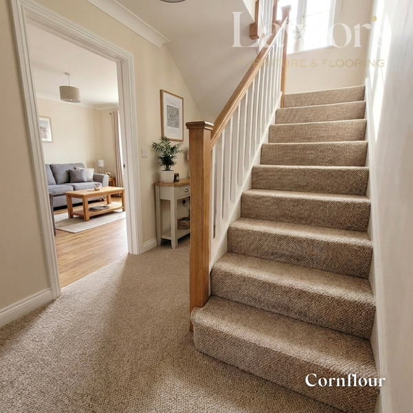 Staircase cornflour with carpeted steps leading to a living room