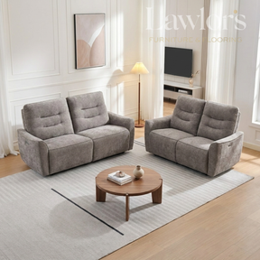Stone 3+2 electric recliner sofa set in a living room with a coffee table and decor items.