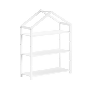 The Dallas Kids Bookcase in White Scandinavian pine features a spacious bookshelf perfect for kids toys and accessories with a playful house shaped design